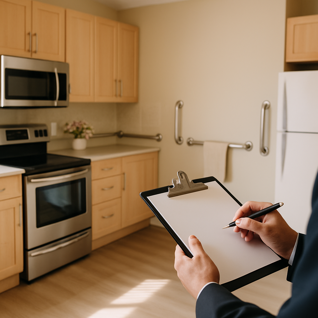 Inspector walking through an assisted living facility during due diligence