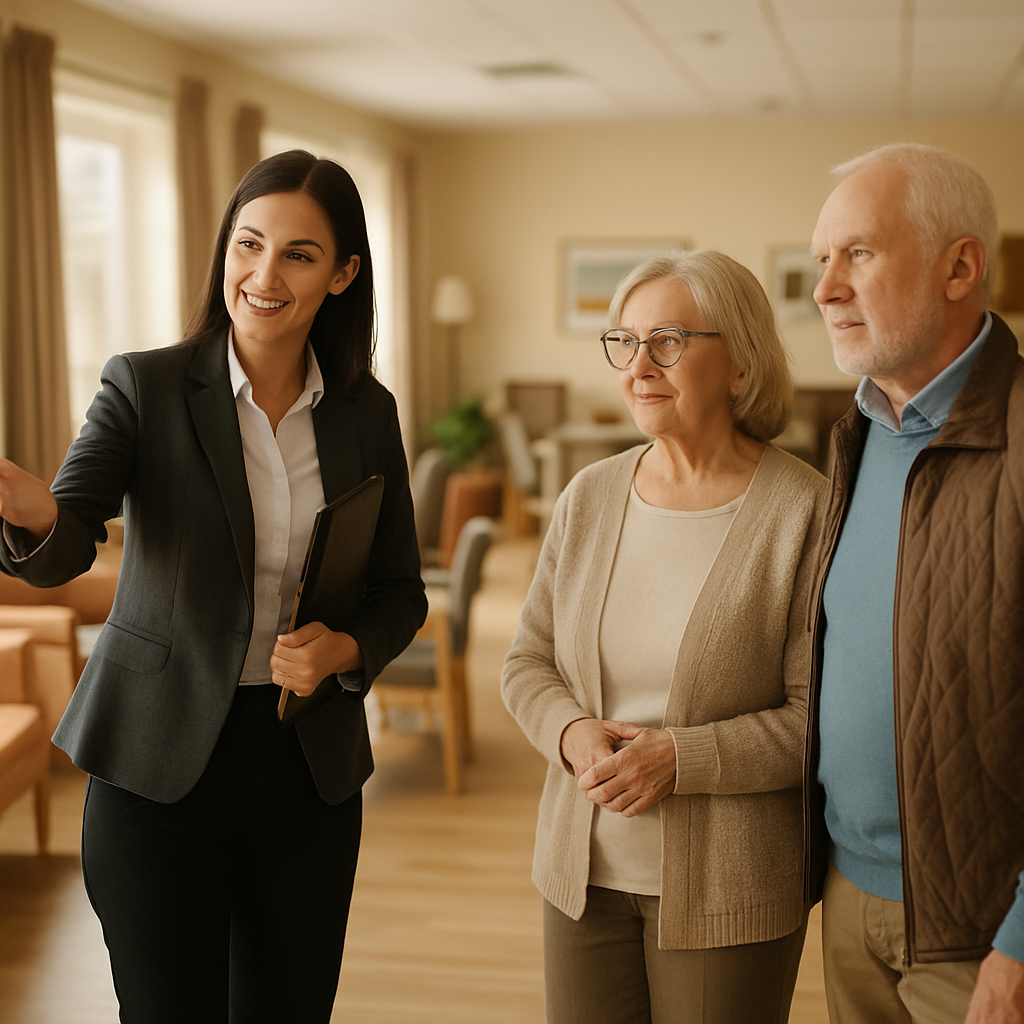 Assisted living real estate agent showing a care facility to a buyer