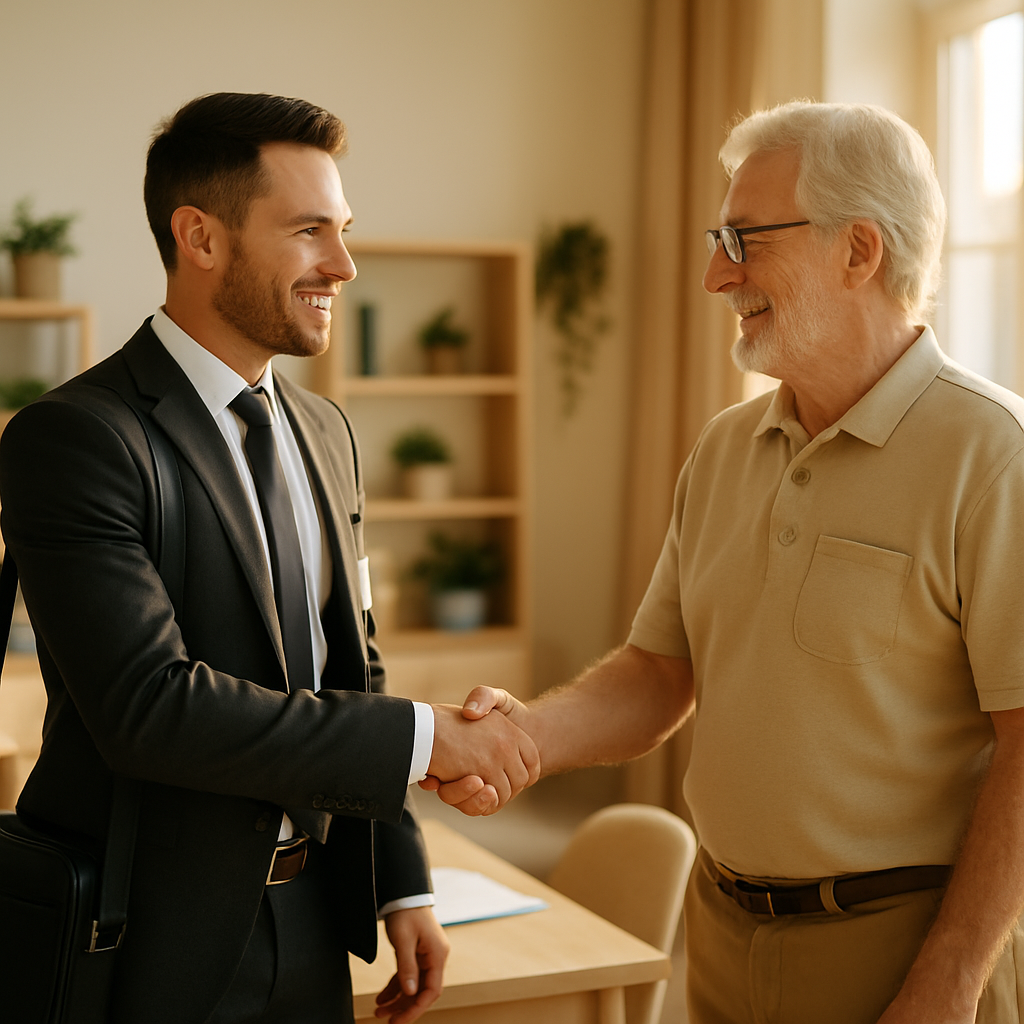Assisted living specialist agent shaking hands with a facility owner